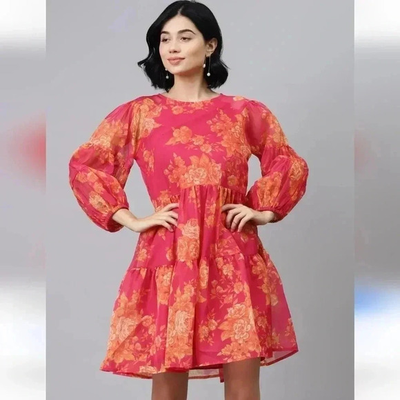 Sassafras Dresses & Skirts - SASSAFRAS Fuchsia Floral Drop Shoulder Tiered Dress